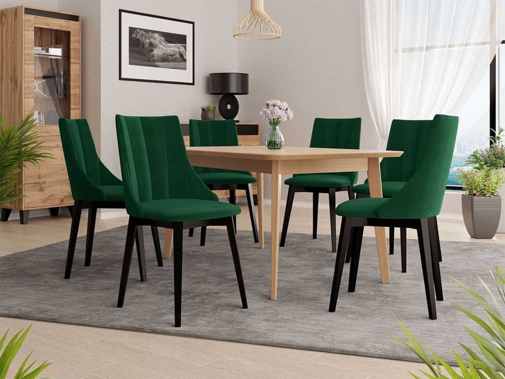 Veneti Rozkladací jedálenský stôl so 6 stoličkami NOWEN 2 - prírodné drevo / čierny / zelený